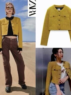 ZARA Yellow Cropped Tweed Blazer Jacket